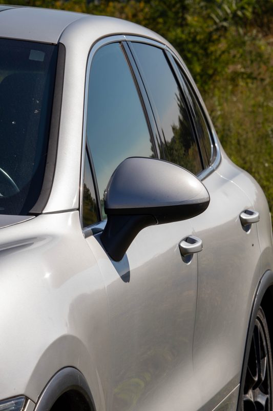 Silver car side mirror detail